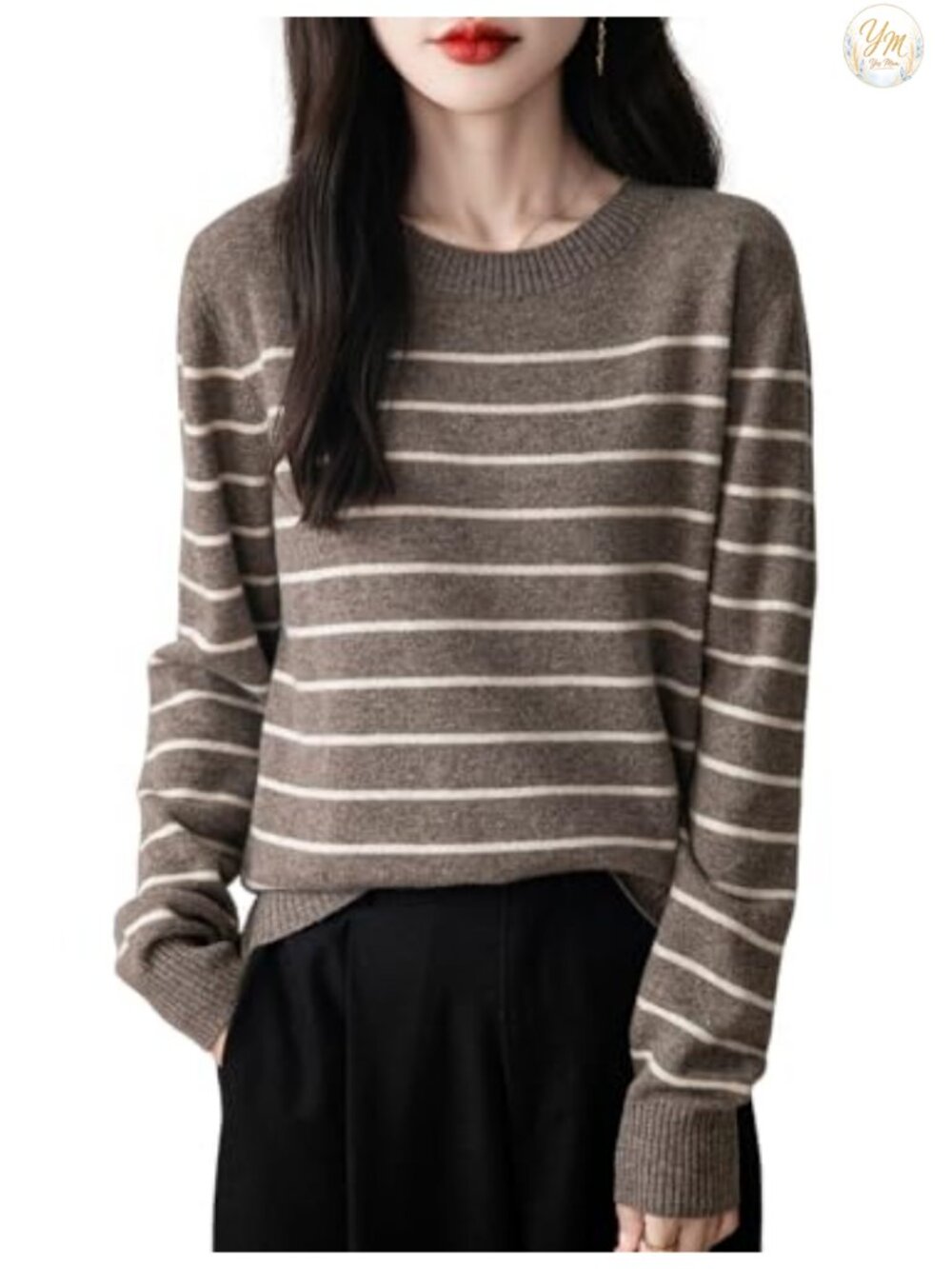 100% Merino Wool Crew Neck Striped Long Sleeve Sweater Women's Lightweight